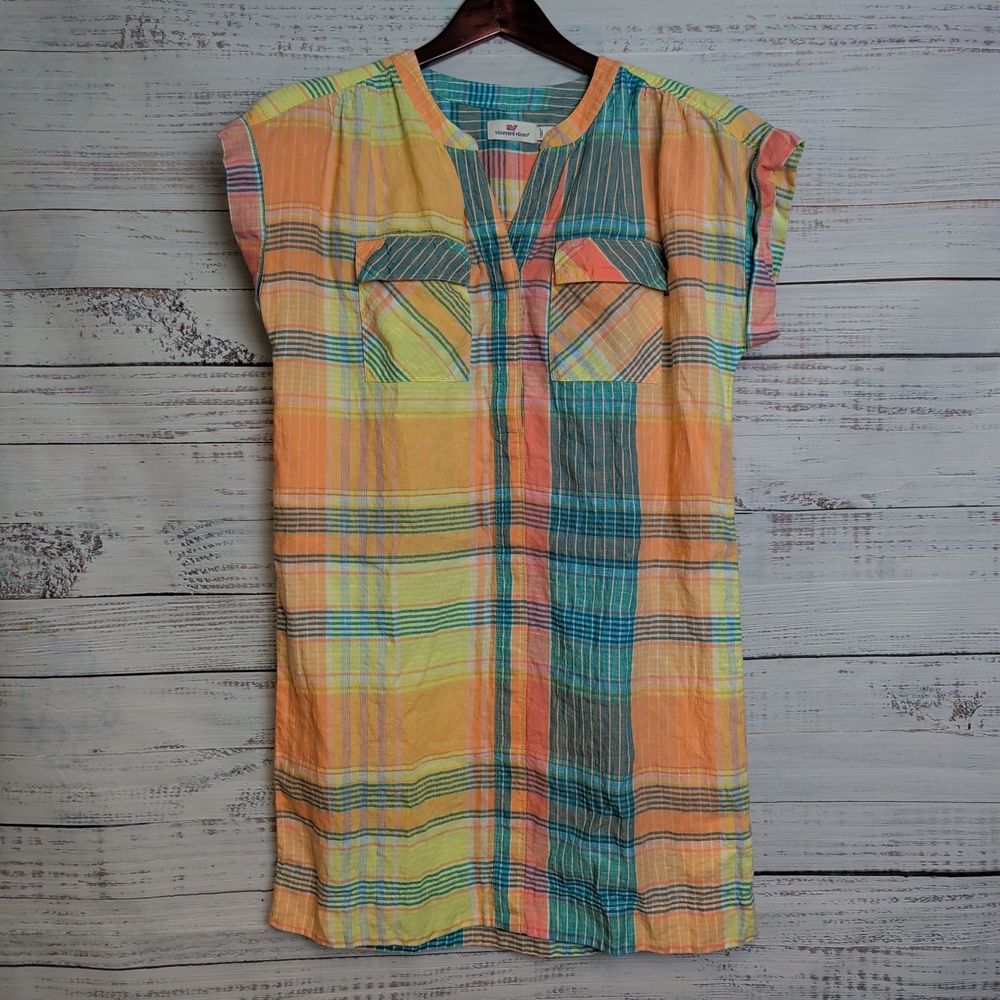 Vineyard Vines Colorful Plaid Lightweight Linen Blend Shift Dress Size Small